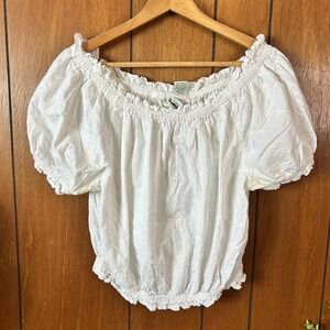 Vintage White Cotton Eyelet Off Shoulder Puff Sleeve Cropped Top M Cottage